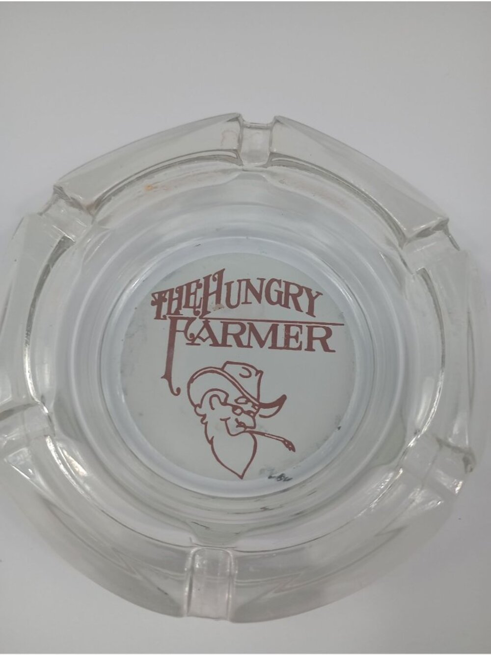 Vintage Round Clear Glass " The Hungry Farmer" Advertising Ashtray